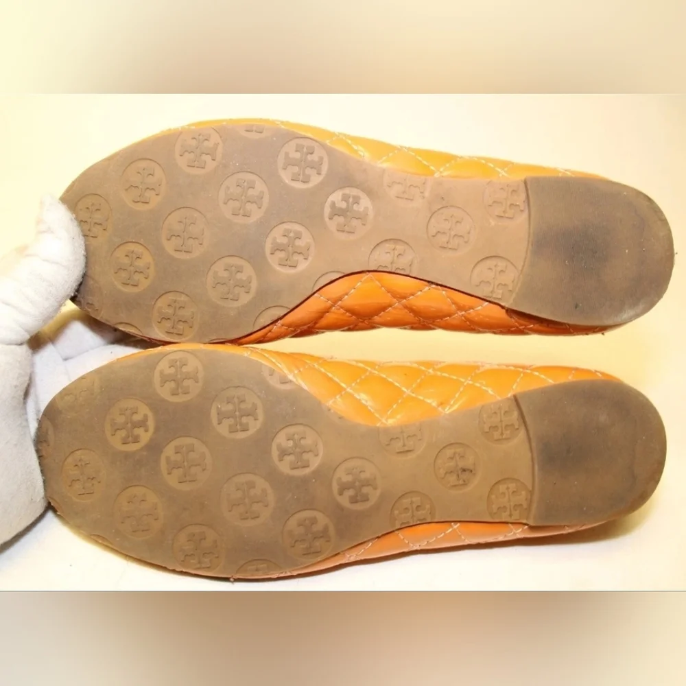 Tory Burch Reva Quilted Patent Leather Ballet Flats Orange Camel Brown Vachetta